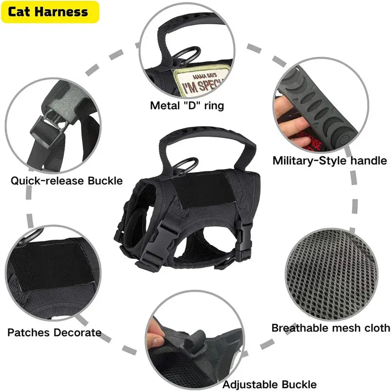 Tactical Cat Dog Harness Leash Adjustable Soft Mesh Pet Vest Cats Escape Proof Vest for Working Training for Large Cat/Small Dog