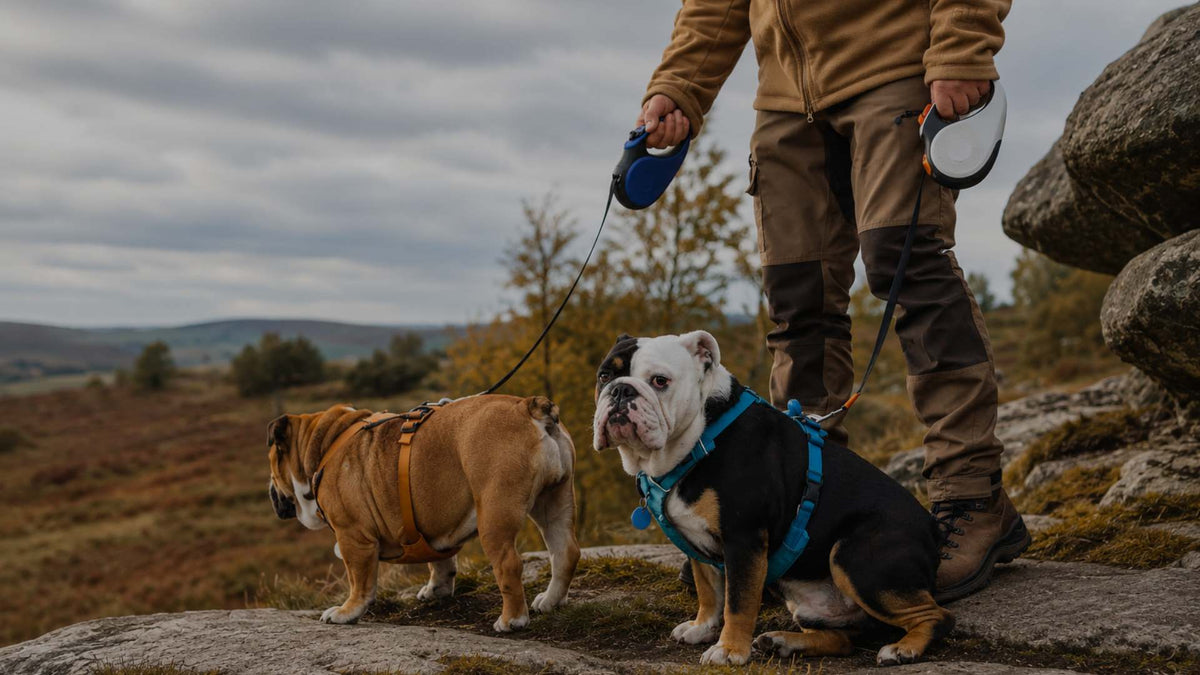 A person outdoors on a rocky path with two dogs on leashes. The person is wearing a tan jacket and brown pants, holding a blue retractable leash in one hand and a white one in the other.