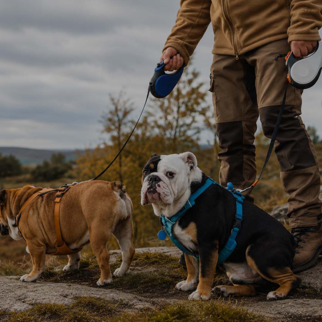 A person outdoors with two bulldogs on leashes. The person is wearing a tan fleece jacket and brown pants, holding a blue retractable leash.
