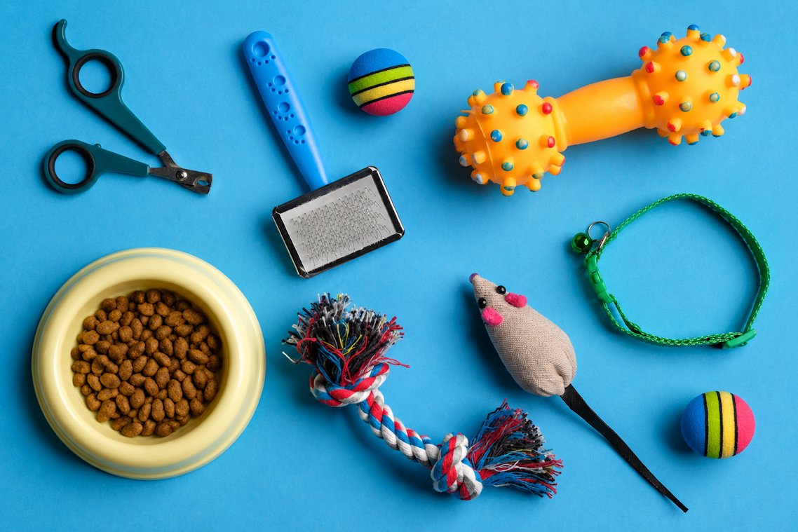 A flat-lay arrangement of pet accessories on a bright blue background, including a yellow bowl of kibble, nail clippers, a blue grooming brush, a yellow squeaky dumbbell toy, a green collar, a plush mouse toy, a rope toy, and small colorful balls.
